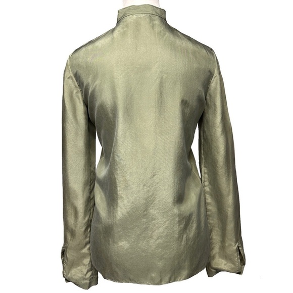 Theory Silk Bianca Pintuck Olive Green Pleated Blouse Peekaboo Top Size 0 - Picture 2 of 14
